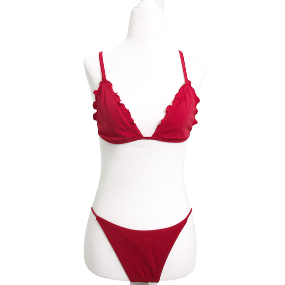 PacSun LA Hearts Ribbed Bikini Two Piece Swim Red Lettuce Edge Size Medium - Picture 2 of 10